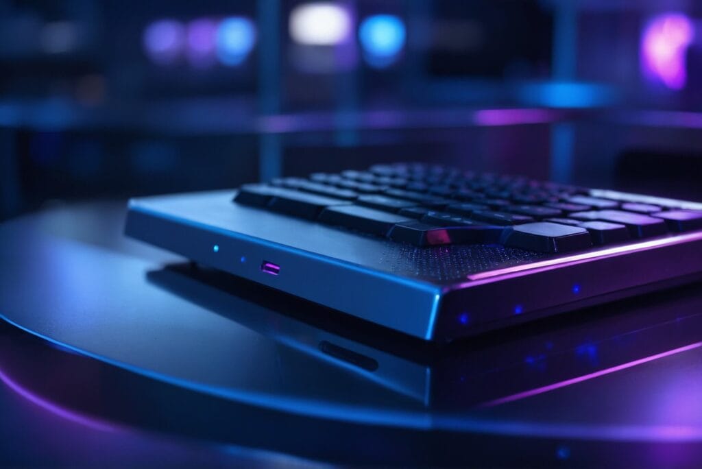 Ultra-realistic shot taken with an iPhone 16 Pro in cinematic mode: a sleek glass tabletop in a dimly lit modern workspace, a thin laptop displaying a floating translucent holographic padlock and cloud icon above the keyboard, soft blue and purple LED reflections on polished metal circuit‐board panels in the background, subtle bokeh hints of server racks, shallow depth of field, high dynamic range, crisp textures and moody ambient lighting.