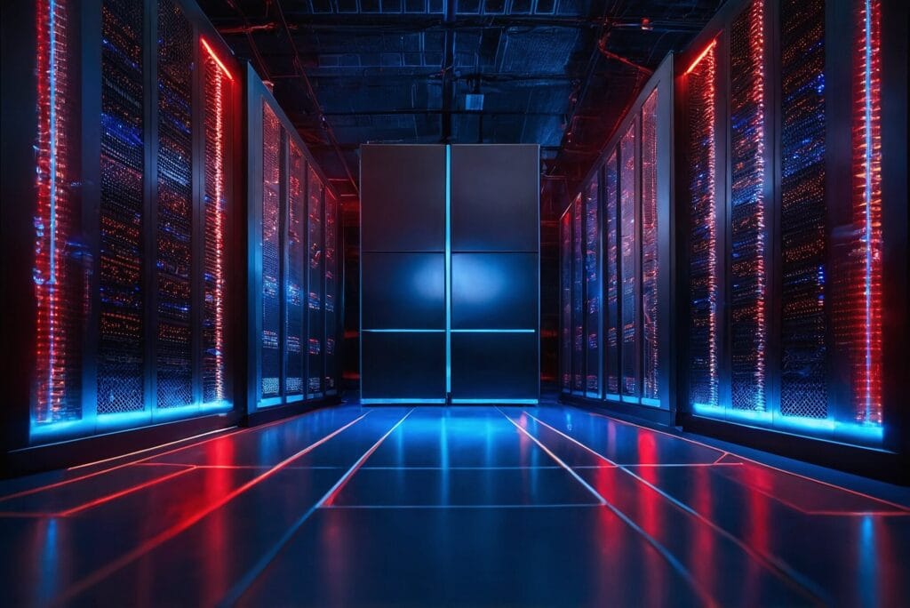 Ultra-realistic iPhone Pro 16 shot of a dimly lit modern server room aisle with towering racks glowing red and blue LEDs, a sleek smartphone on a glass desk showing live threat analytics graphs, scattered Ethernet cables, ambient blue glow reflecting off polished metal and floor tiles, shallow depth of field, high dynamic range.